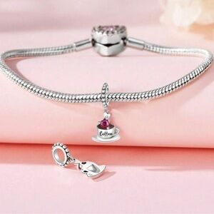 Sterling Silver 925 Coffee Cup Charm with Red Heart Accent